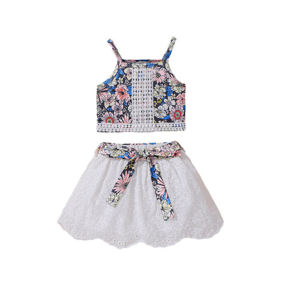 MyKids-USA® Summer Baby Kids Girls Sleeveless Floral Pattern Vest and White Skirt Set