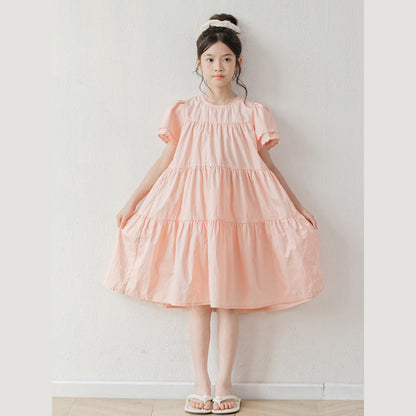 MyKids-USA® Summer Arrival Short Sleeves Pink Solid Color Dress for Stylish Girls