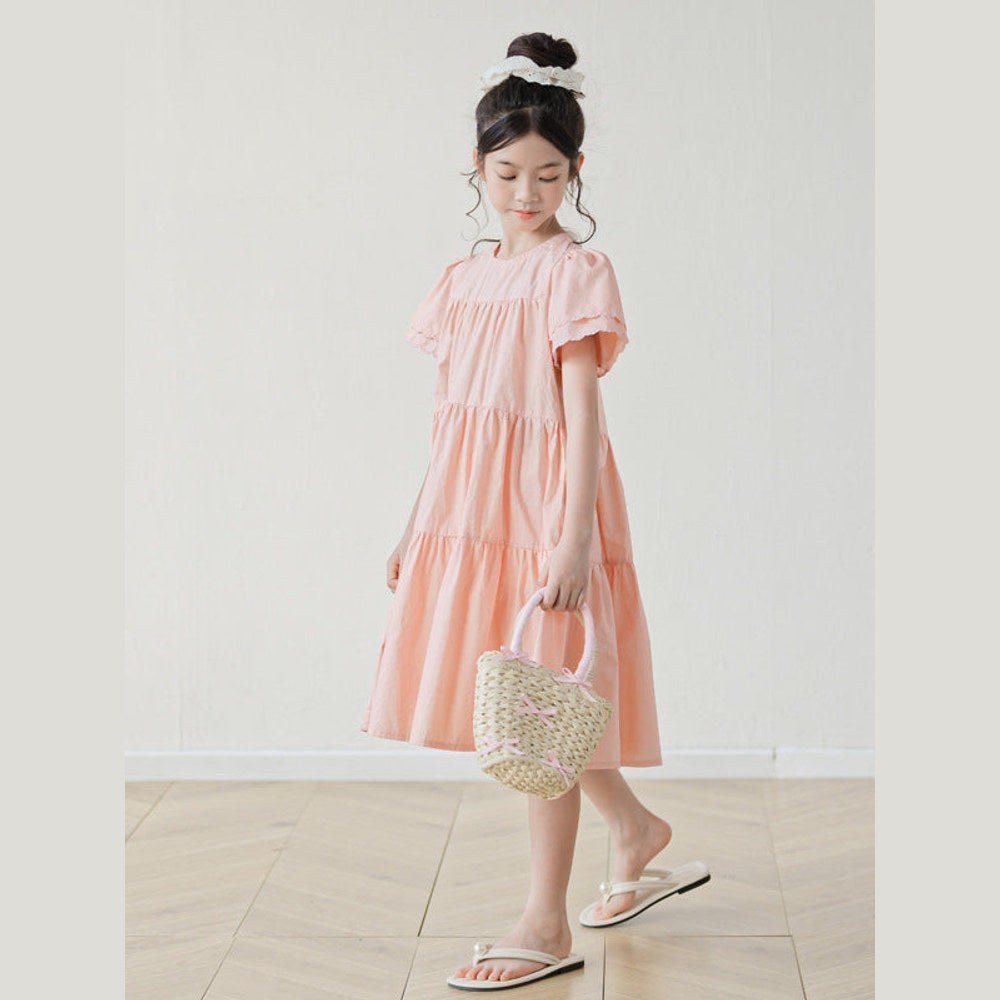 MyKids-USA® Summer Arrival Short Sleeves Pink Solid Color Dress for Stylish Girls