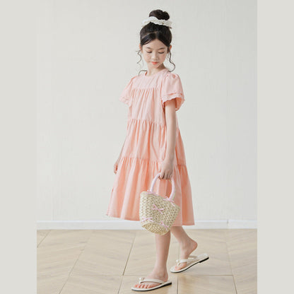 MyKids-USA® Summer Arrival Short Sleeves Pink Solid Color Dress for Stylish Girls