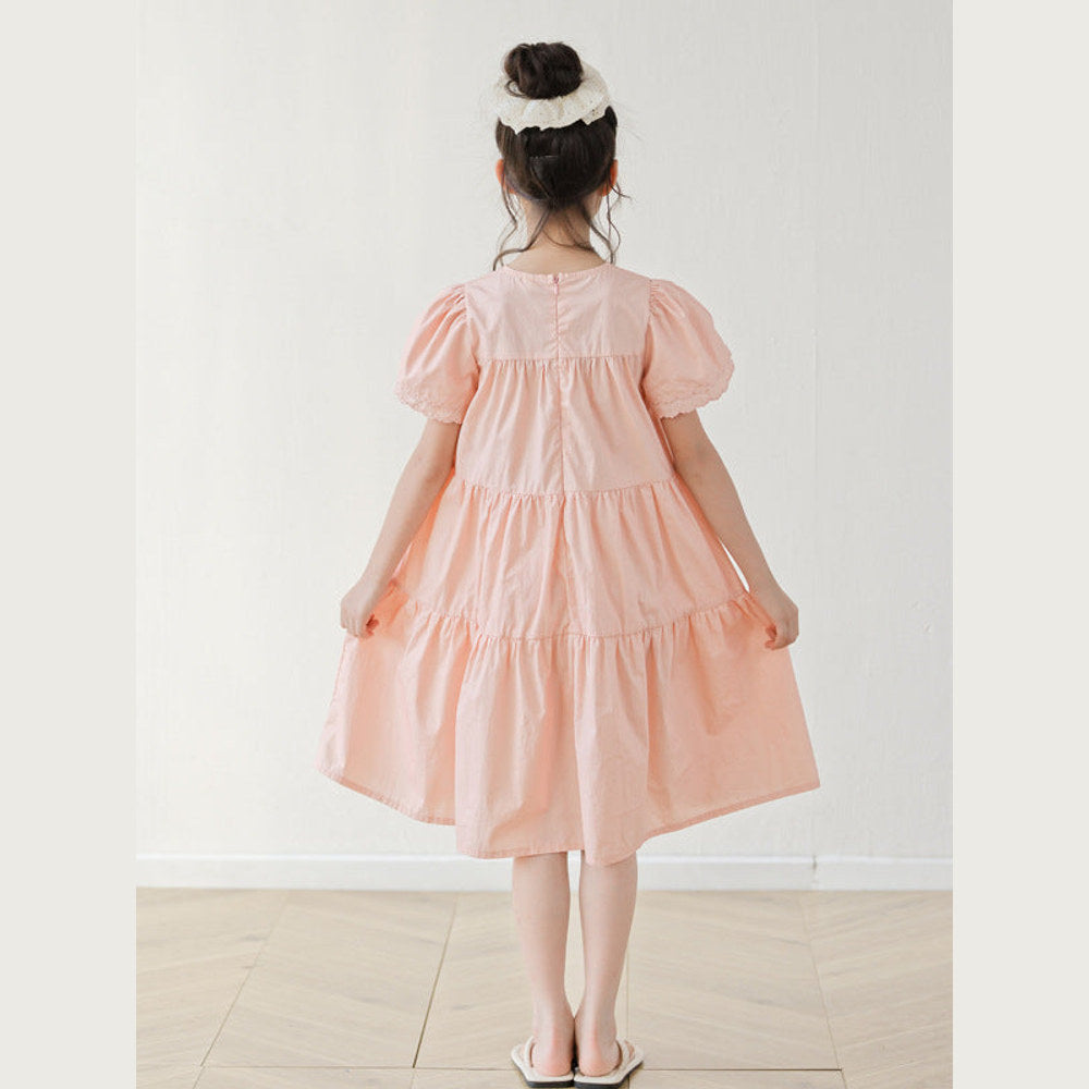 MyKids-USA® Summer Arrival Short Sleeves Pink Solid Color Dress for Stylish Girls