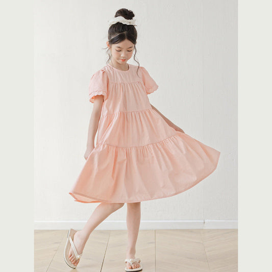 MyKids-USA® Short Sleeves Pink Solid Color Dress for Stylish Girls