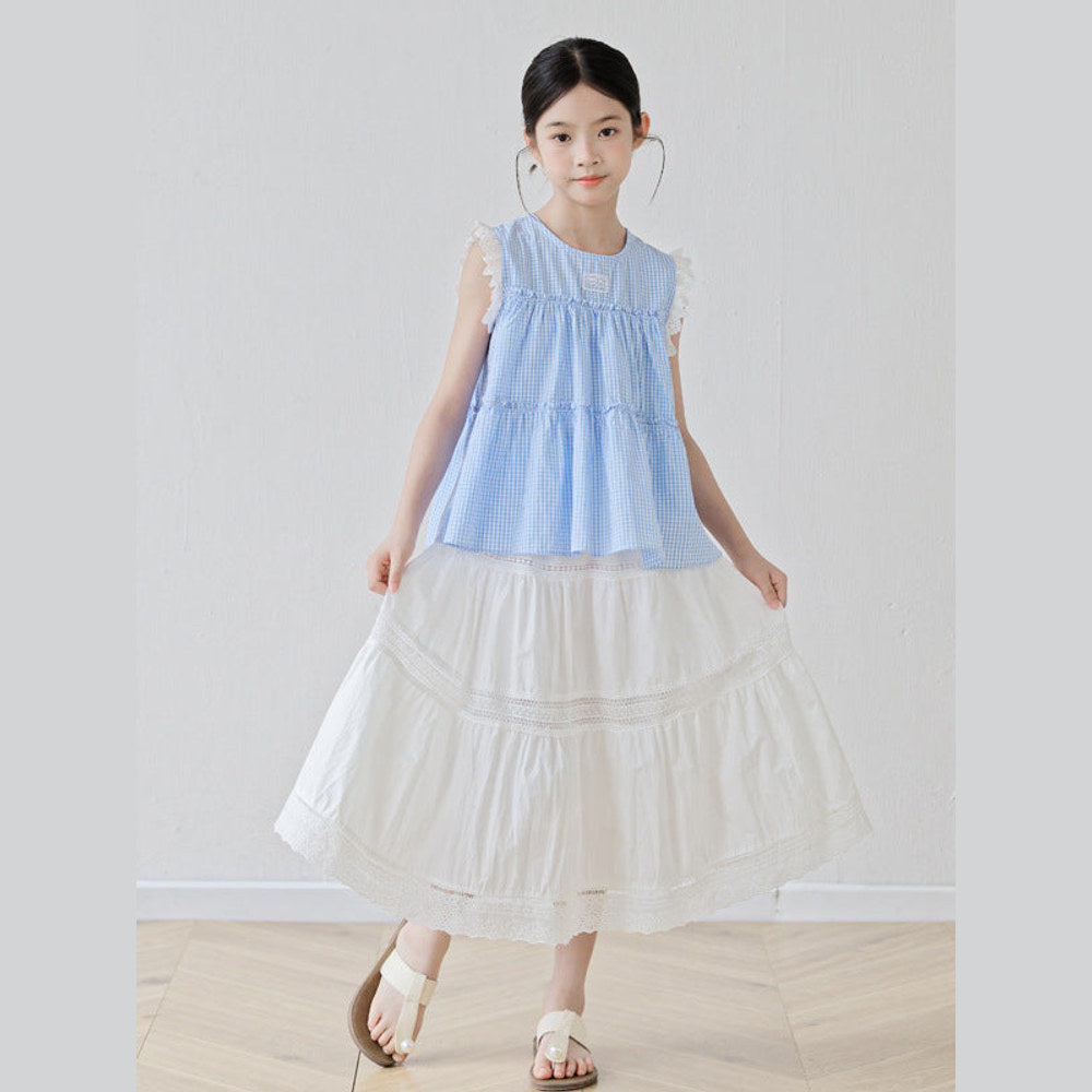 MyKids-USA® Arrival Summer Baby Kids Girls Sleeveless Plaid Vest and White Skirt