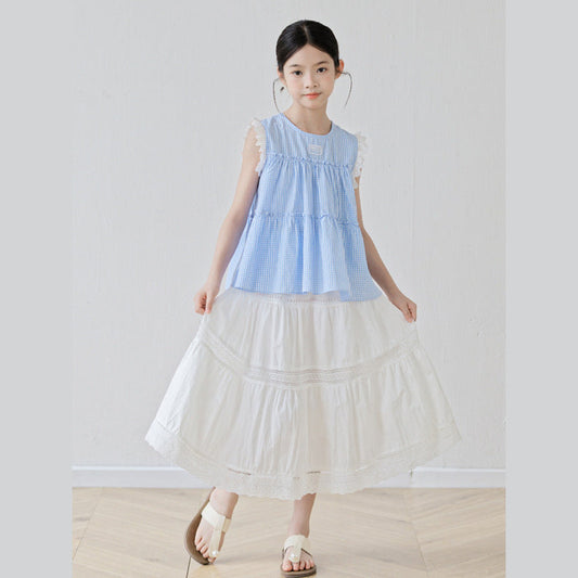 MyKids-USA® Baby Kids Girls Sleeveless Plaid Vest and White Skirt