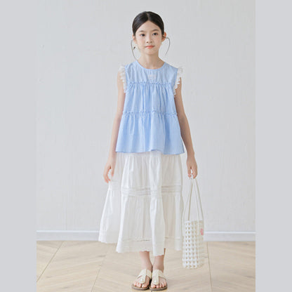 MyKids-USA® Arrival Summer Baby Kids Girls Sleeveless Plaid Vest and White Skirt