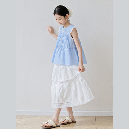 MyKids-USA® Arrival Summer Baby Kids Girls Sleeveless Plaid Vest and White Skirt