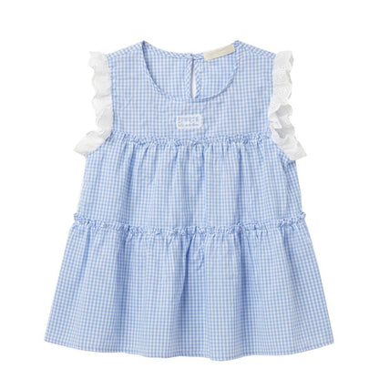 MyKids-USA® Arrival Summer Baby Kids Girls Sleeveless Plaid Vest and White Skirt