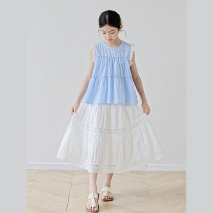 MyKids-USA® Arrival Summer Baby Kids Girls Sleeveless Plaid Vest and White Skirt