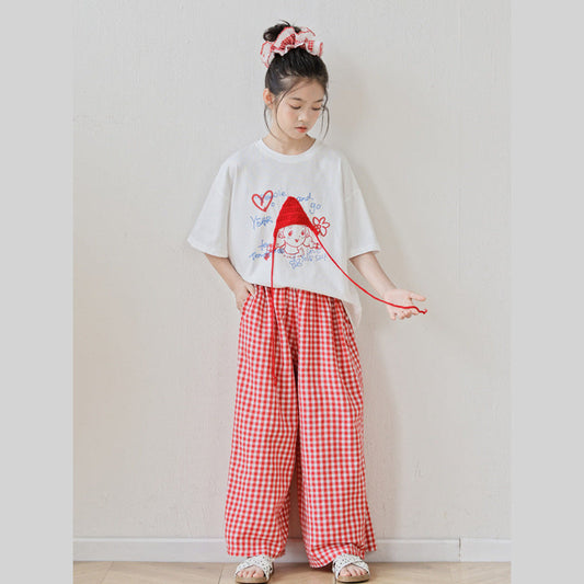 MyKids-USA® Baby Kids Girls Short Sleeves Cartoon Pattern T-Shirt and Plaid Pants Sets