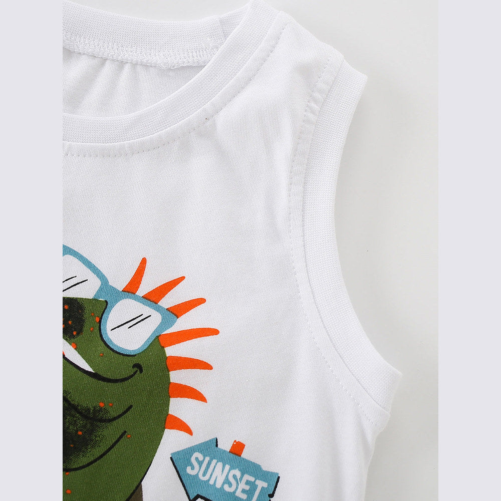 MyKids-USA® Summer Baby Kids Boys Sleeveless Cartoon Pattern Vest and Plain Shorts Clothing Set