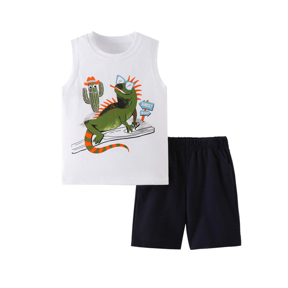 MyKids-USA® Summer Baby Kids Boys Sleeveless Cartoon Pattern Vest and Plain Shorts Clothing Set