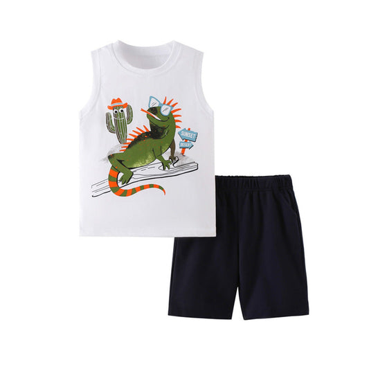 MyKids-USA® Baby Kids Boys Sleeveless Cartoon Pattern Vest and Plain Shorts Clothing Set