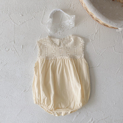 MyKids-USA® Summer Arrival Baby Girls Sleeveless Lace Flowers Pattern Bodysuit with Hairband