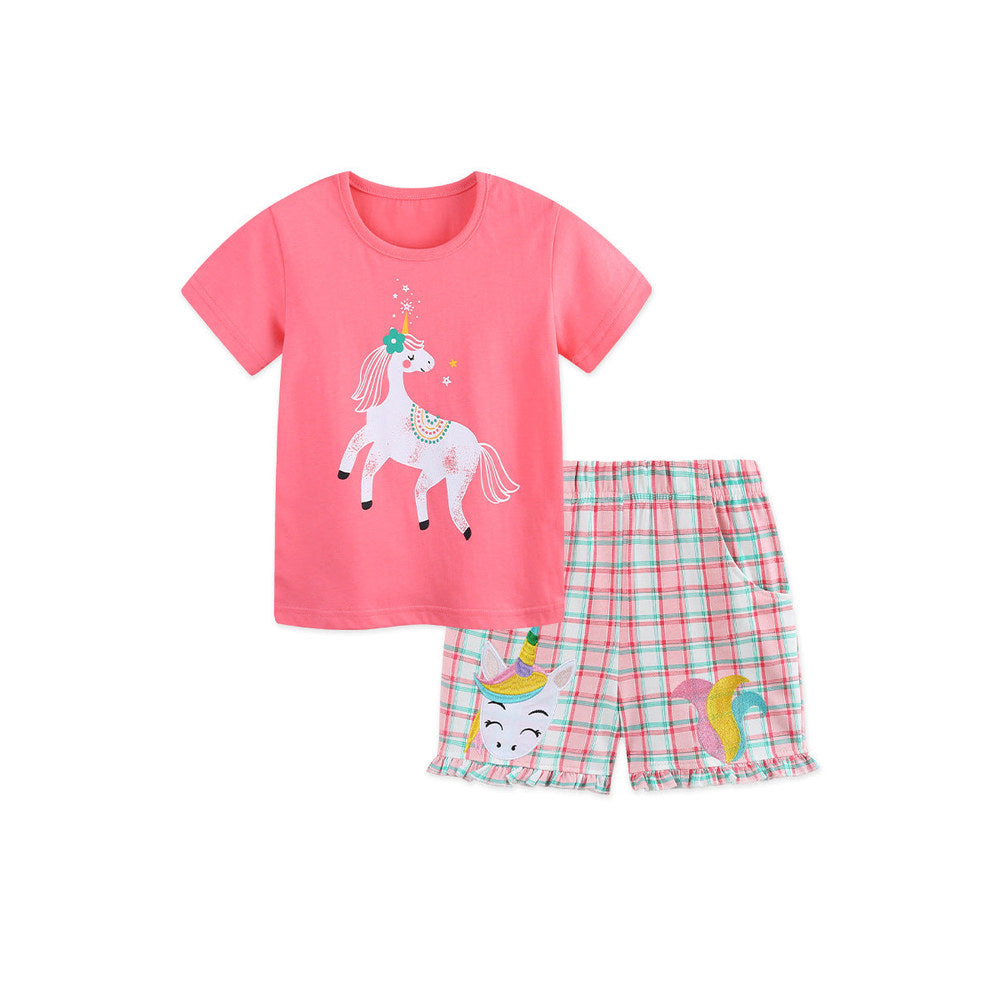MyKids-USA® Baby Kids Girls Short Sleeves Cartoon Pattern T-shirt and Plaid Shorts Clothing Set