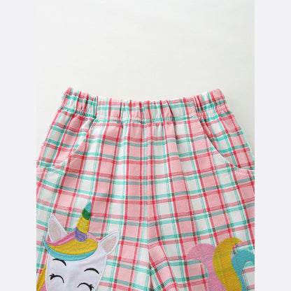 MyKids-USA® Baby Kids Girls Short Sleeves Cartoon Pattern T-shirt and Plaid Shorts Clothing Set