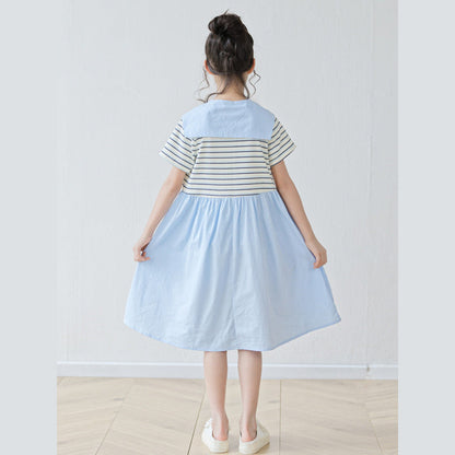 MyKids-USA® Short Sleeves Striped Color Patchwork Dress for Stylish Girls