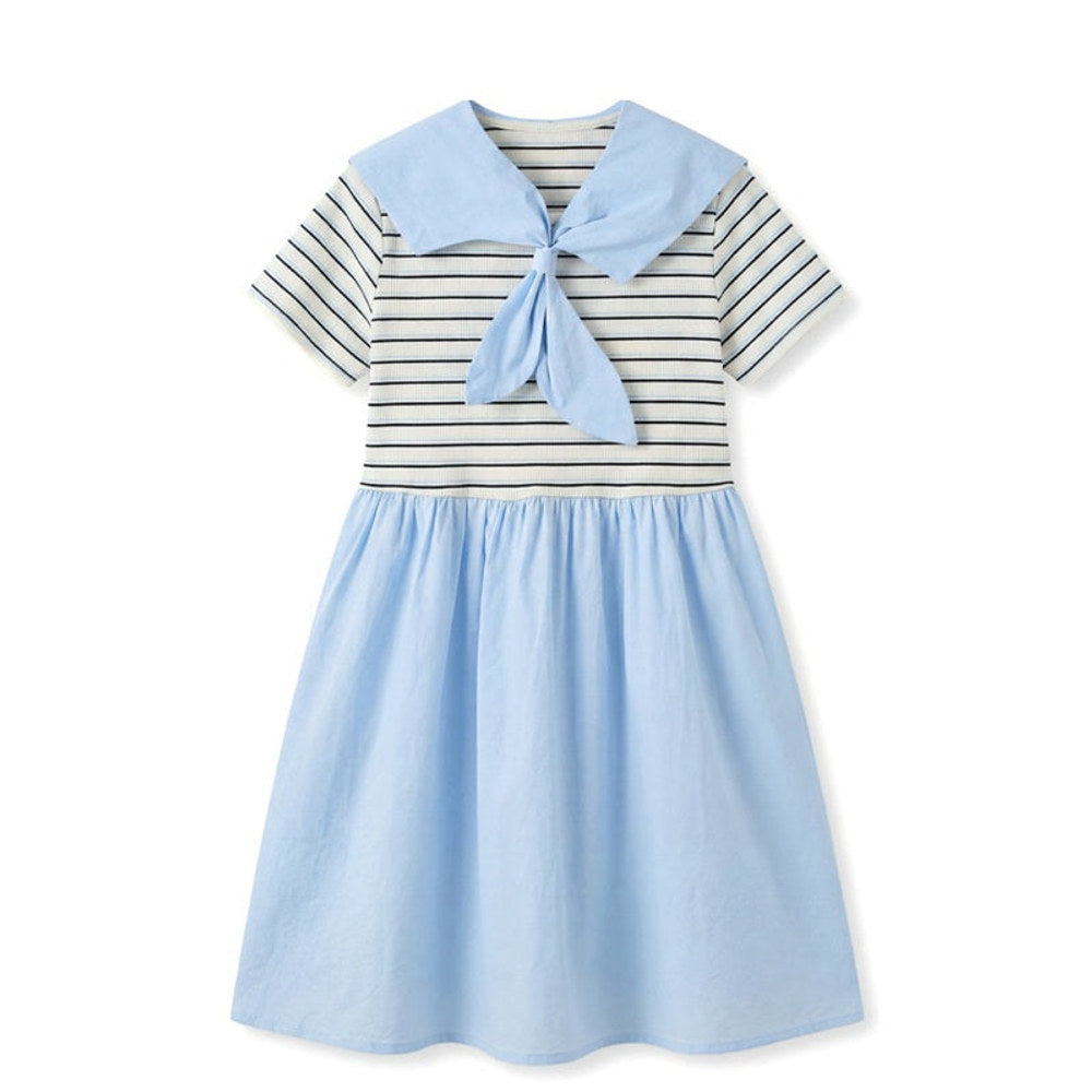 MyKids-USA® Short Sleeves Striped Color Patchwork Dress for Stylish Girls