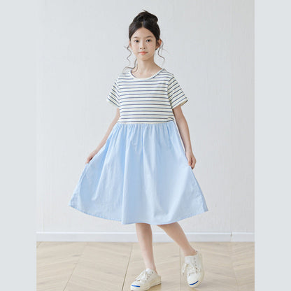 MyKids-USA® Short Sleeves Striped Color Patchwork Dress for Stylish Girls