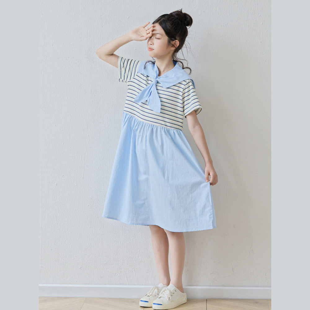 MyKids-USA® Short Sleeves Striped Color Patchwork Dress for Stylish Girls