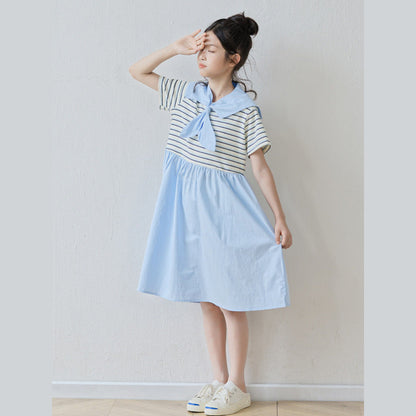 MyKids-USA® Short Sleeves Striped Color Patchwork Dress for Stylish Girls