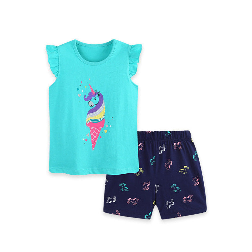 MyKids-USA® Baby Kids Girls Fly Sleeves Cartoon Pattern T-shirt and Shorts Clothing Set