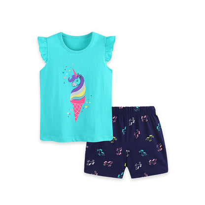 MyKids-USA® Baby Kids Girls Fly Sleeves Cartoon Pattern T-shirt and Shorts Clothing Set