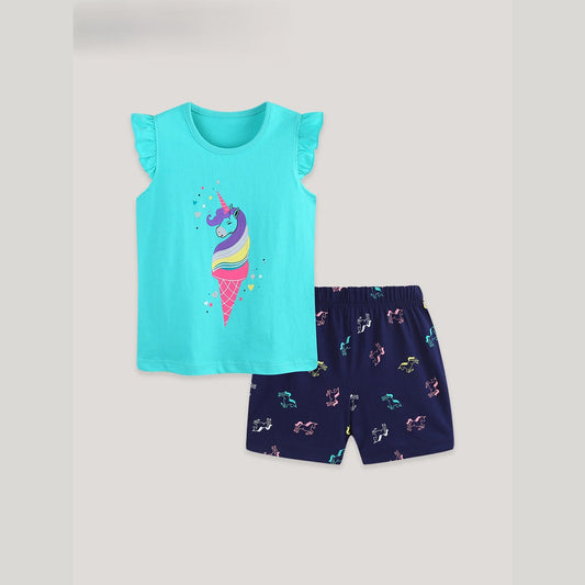 MyKids-USA® Baby Kids Girls Fly Sleeves Cartoon Pattern T-shirt and Shorts Clothing Set