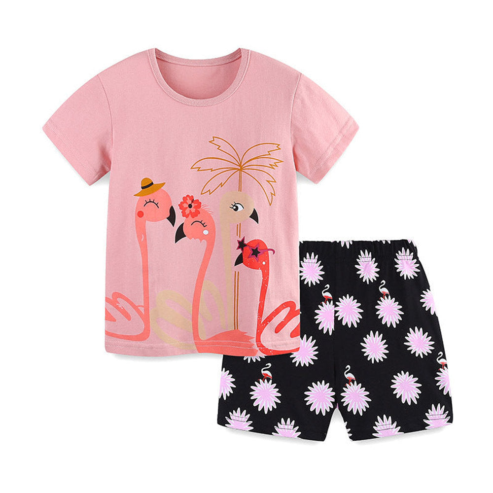 MyKids-USA® Baby Kids Girls Short Sleeves Cartoon Pattern T-shirt and Floral Shorts Clothing Set