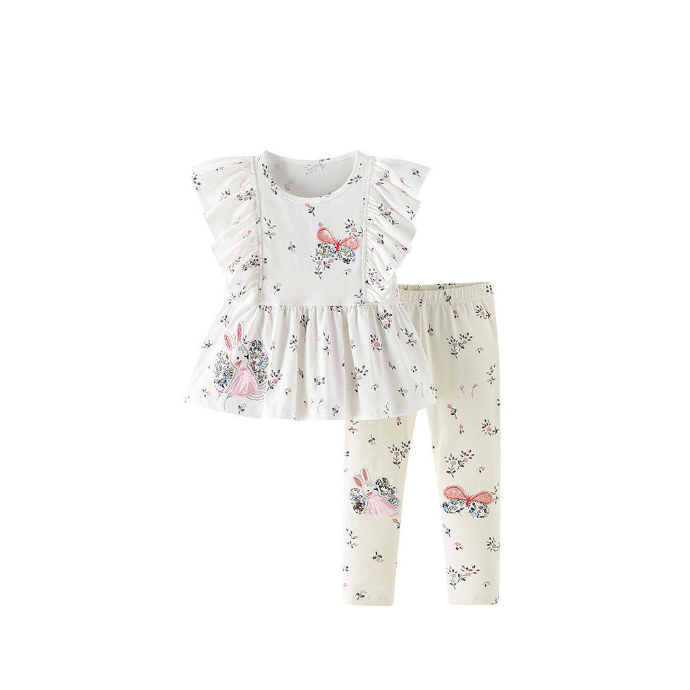 MyKids-USA® Baby Kids Girls Fly Sleeves Cartoon Pattern Top and Floral Pants Clothing Set
