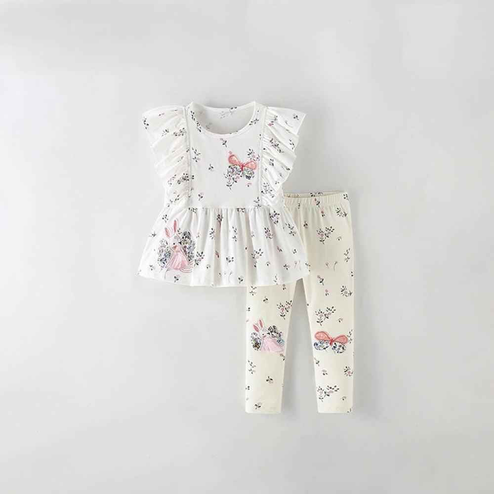 MyKids-USA® Baby Kids Girls Fly Sleeves Cartoon Pattern Top and Floral Pants Clothing Set