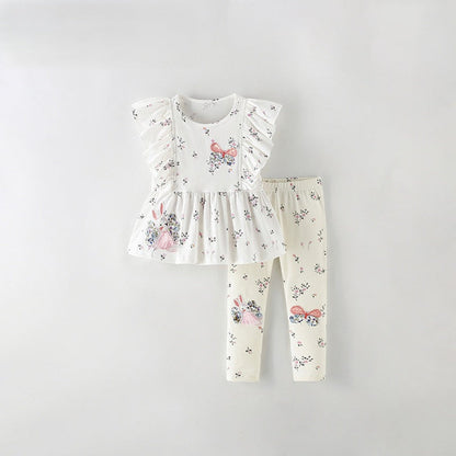 MyKids-USA® Baby Kids Girls Fly Sleeves Cartoon Pattern Top and Floral Pants Clothing Set