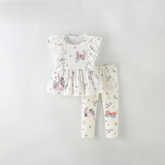 MyKids-USA® Baby Kids Girls Fly Sleeves Cartoon Pattern Top and Floral Pants Clothing Set