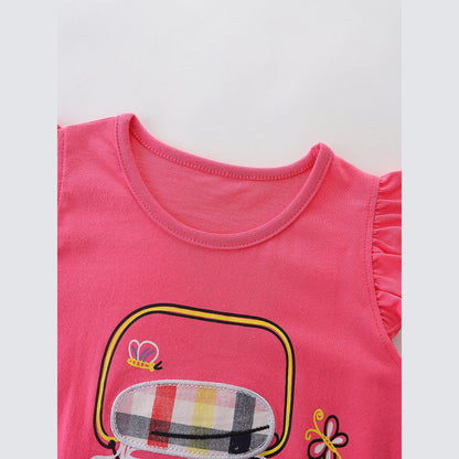 MyKids-USA® Baby Kids Girls Fly Sleeves Cartoon Pattern T-shirt and Plaid Shorts Clothing Set