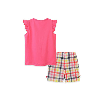 MyKids-USA® Baby Kids Girls Fly Sleeves Cartoon Pattern T-shirt and Plaid Shorts Clothing Set
