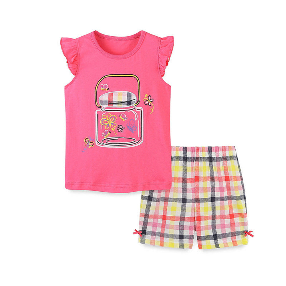 MyKids-USA® Baby Kids Girls Fly Sleeves Cartoon Pattern T-shirt and Plaid Shorts Clothing Set