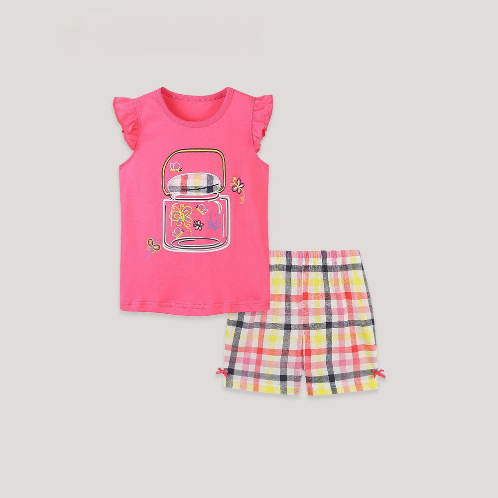 MyKids-USA® Baby Kids Girls Fly Sleeves Cartoon Pattern T-shirt and Plaid Shorts Clothing Set