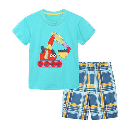 MyKids-USA® Baby Kids Boys Short Sleeves Cartoon Pattern T-shirt and Plaid Shorts Clothing Set