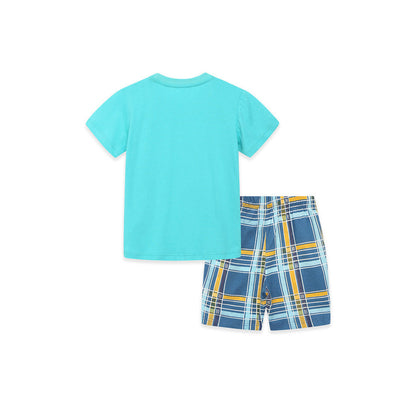 MyKids-USA® Baby Kids Boys Short Sleeves Cartoon Pattern T-shirt and Plaid Shorts Clothing Set