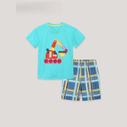 MyKids-USA® Baby Kids Boys Short Sleeves Cartoon Pattern T-shirt and Plaid Shorts Clothing Set