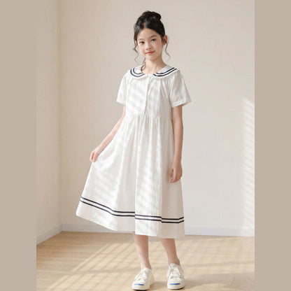 MyKids-USA® Short Sleeves Navy Collar Preppy Dress for Stylish Girls