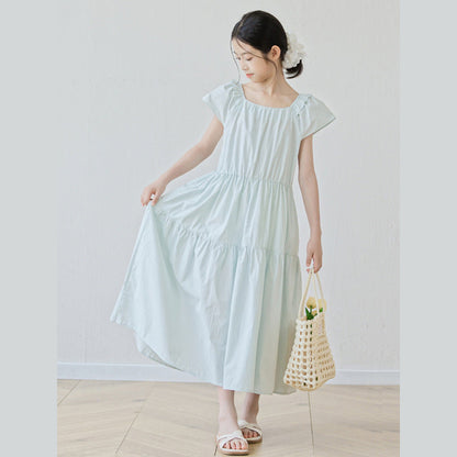 MyKids-USA® Short Sleeves Solid Color Square Neck Dress for Stylish Girls