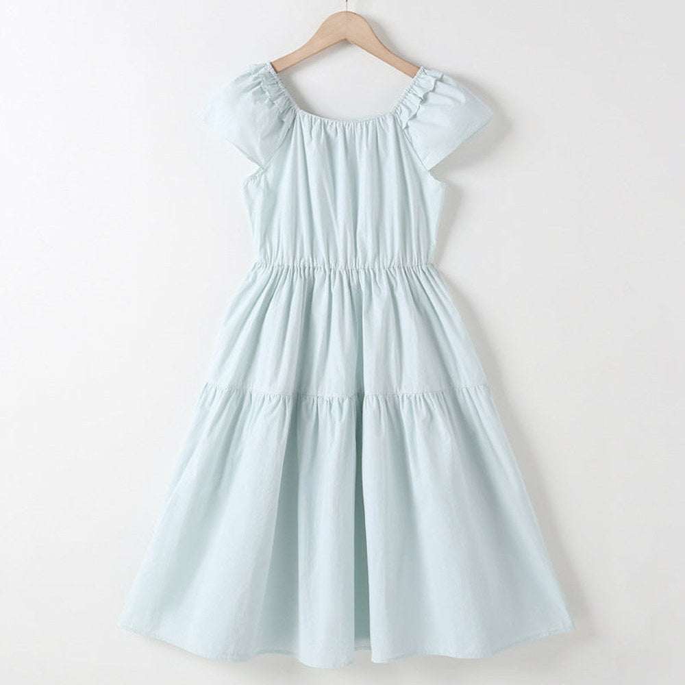 MyKids-USA® Short Sleeves Solid Color Square Neck Dress for Stylish Girls