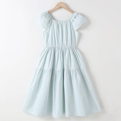 MyKids-USA® Short Sleeves Solid Color Square Neck Dress for Stylish Girls