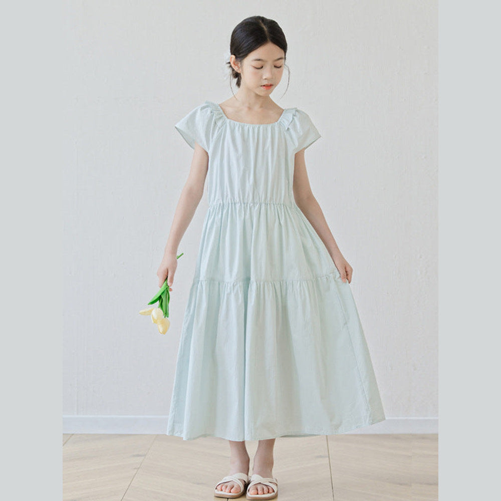 MyKids-USA® Short Sleeves Solid Color Square Neck Dress for Stylish Girls