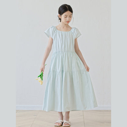 MyKids-USA® Short Sleeves Solid Color Square Neck Dress for Stylish Girls