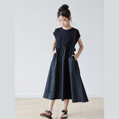 MyKids-USA® Short Sleeves Patchwork Design Black Dress for Stylish Girls