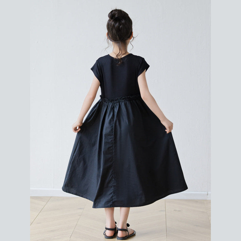 MyKids-USA® Short Sleeves Patchwork Design Black Dress for Stylish Girls