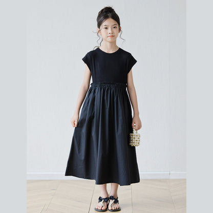 MyKids-USA® Short Sleeves Patchwork Design Black Dress for Stylish Girls