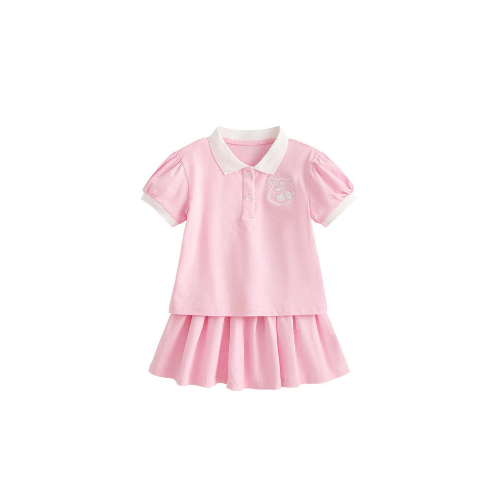 MyKids-USA® Baby Kids Girls Short Sleeves Embroidered Pattern Polo Top and Pink Skirt Clothing Set
