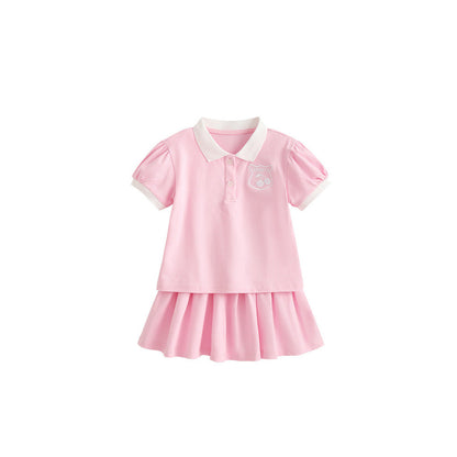 MyKids-USA® Baby Kids Girls Short Sleeves Embroidered Pattern Polo Top and Pink Skirt Clothing Set
